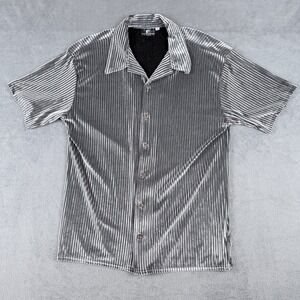 Positano Mens Silver Pleated Button Down Shirt Short Sleeve Made in USA Large